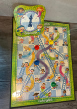 Load image into Gallery viewer, The chutes and ladders board. The spinner can be seen at the top with braille on it, a thermoformed clear board overlay with tactile ladders and chutes. The 3d printed pieces are also seen