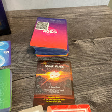 Load image into Gallery viewer, The ages cards. The main function of the age is on transparent braille stickers but the world's end text is on a QR code since you only use 1 per game.