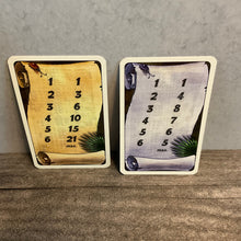 Load image into Gallery viewer, The score reference cards with braille on them. One transparent braille sticker goes on each side of the card.