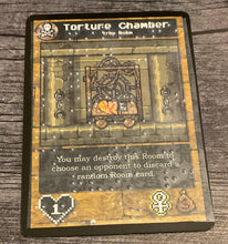 Load image into Gallery viewer, Close up on the Torture Chamber room card. Transparent braille can be seen showing all the vital statistics