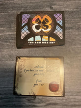Load image into Gallery viewer, A quest card. A description of the quest is on the front in braille and a braille sticker that says what type of card it is is on the back