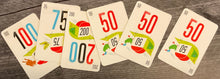 Load image into Gallery viewer, A bunch of number cards laid out in a line. Each has transparent braille on them