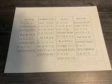 Load image into Gallery viewer, A close up of one of the cards. The words are organized in 4 columns with the print rotated 180 degrees from the braille. This will allow a sighted person to see the words even if the blind person's hands are on the braille