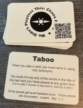 Load image into Gallery viewer, The cards from the chaos pack. The text of the card is not in braille because it is long and you only need it once during the game