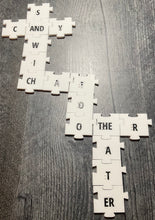 Load image into Gallery viewer, A picture of the tiles forming a cross grid. At the top CANDY and SANDWICH are spelled using the AND and CH contractions.  From the CH the word CHat is made with too attached to it vertically. The last O on too connects to OTHER which uses a THE contraction. Finally the THE contraction going downward spells THEATER with an ER sign.