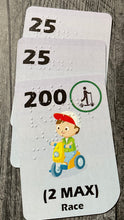 Load image into Gallery viewer, A close up of a stack of Race cards. A scooter card can be seen on the top of the stack.