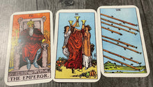 Load image into Gallery viewer, A picture of the emperor, the 3 of cups and the 8 of sticks