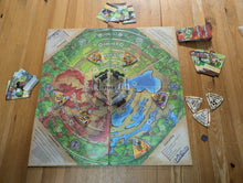 Load image into Gallery viewer, Board game setup on a wooden table with pieces and cards. The board has a clear thermoform on it with braille on it and the monster tokens are all replaced with 150% scale tokens with braille on them.