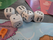 Load image into Gallery viewer, Five dice on a board game. The dice are all tactile.