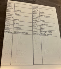 Load image into Gallery viewer, Large print/Braille replacement cards show all the different categories. The front of the cards are in one column and the back of the cards are in the other column
