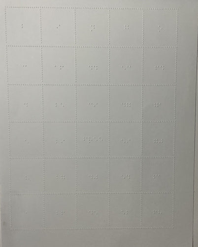 The braille bingo card shown. It is embossed on a piece of card stock paper with bingo in braille at the top. Random numbers are in each row allowing many people to play with no repeating cards