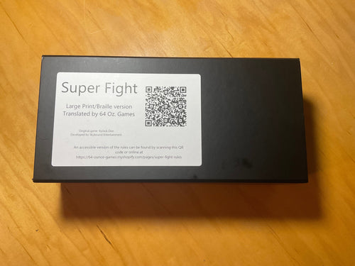 Picture of the box for superfight. A QR code on the box links to the rules